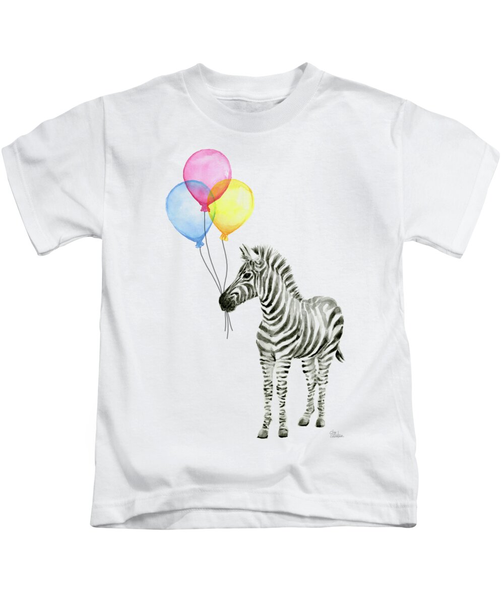 Zebra Kids T-Shirt featuring the painting Zebra Watercolor with Balloons by Olga Shvartsur