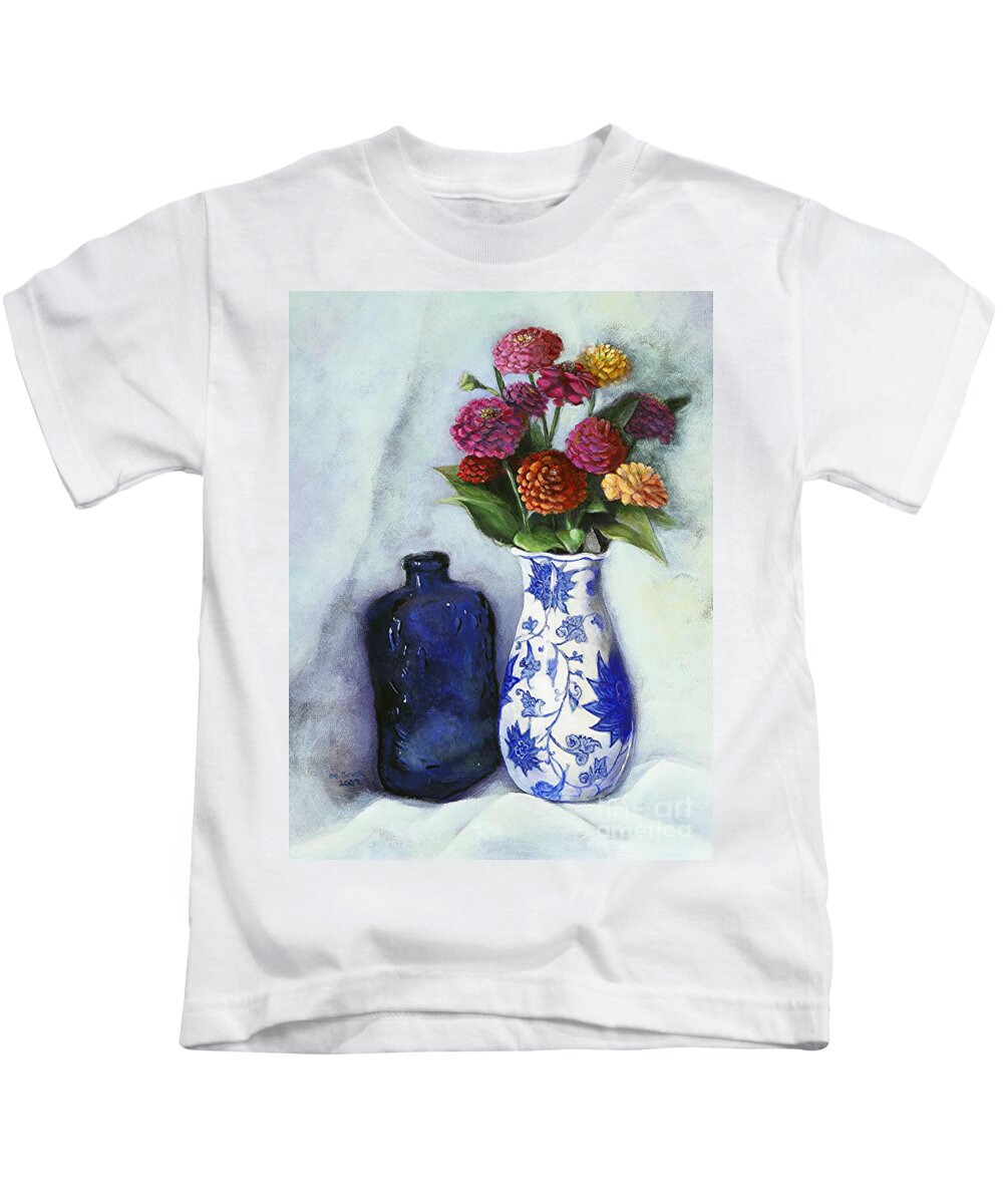 Still Life Kids T-Shirt featuring the painting Zinnias with Blue Bottle by Marlene Book