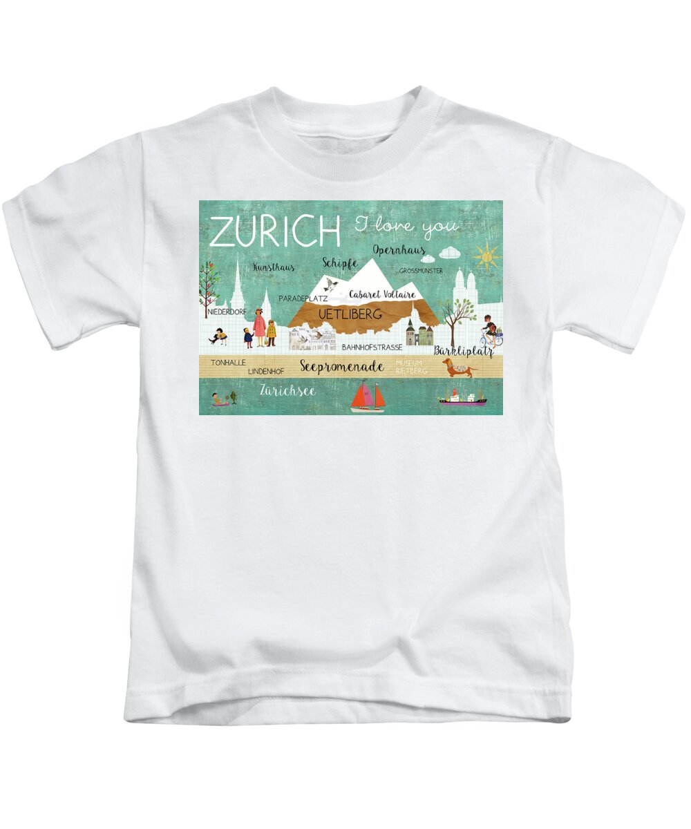 Zurich I Love You Kids T-Shirt featuring the mixed media Zurich I love you by Claudia Schoen