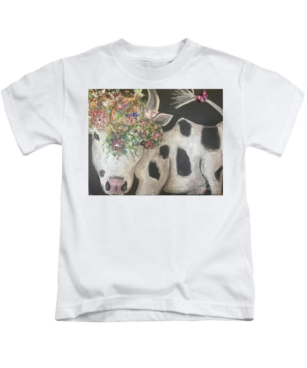 Cow Flowers Whimsical Farm Nature Black White Moo Kids T-Shirt featuring the painting Moona Lisa #1 by Kathy Bee
