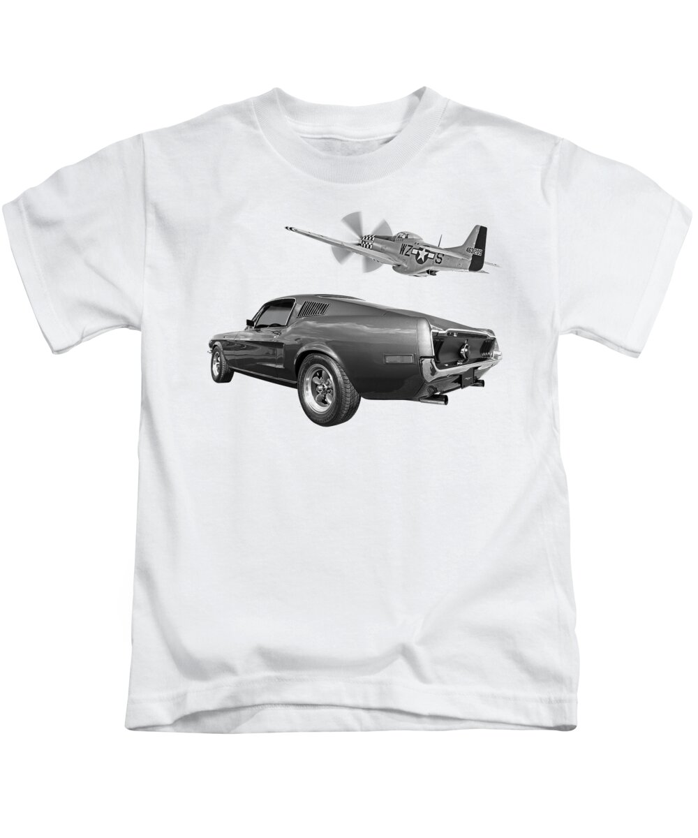 Mustang Kids T-Shirt featuring the photograph p51 With 1968 Mustang Black and White by Gill Billington
