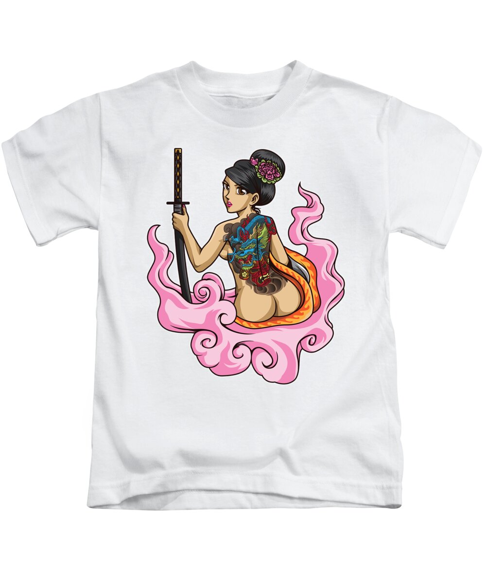 Asia Kids T-Shirt featuring the digital art Yakuza Girl Cute Female Japanese Illustration #2 by Mister Tee