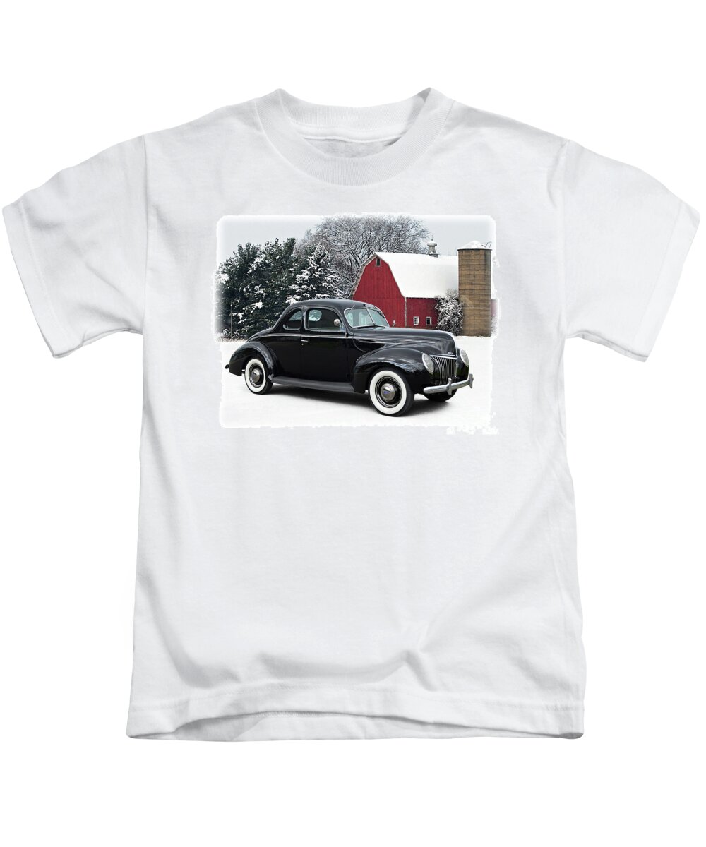 1939 Kids T-Shirt featuring the photograph 1939 Ford Coupe, Winter Barn by Ron Long