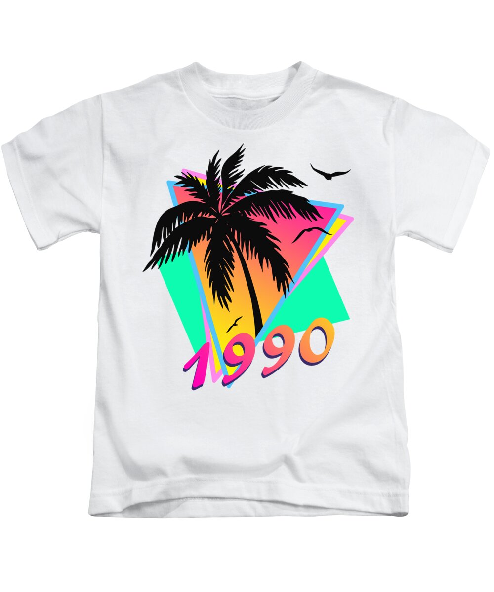 This Cool Design Features Classic Vintage 80s Style Summer Sunset Pop Art Inspired By Retro Vhs Tapes Of Famous Tv Shows And Movie Posters. A Palm Tree By The Ocean And Seagulls In Front Of The Glow Of The Sun. This Colorful Print In Yellow Kids T-Shirt featuring the digital art 1990 Cool Tropical Sunset by Megan Miller