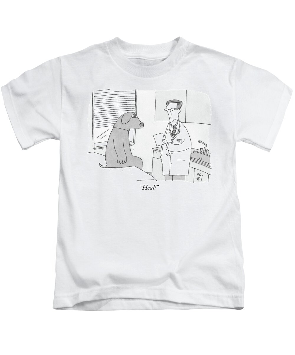 Doctor's Office Kids T-Shirt featuring the drawing A Doctor Speaks To A Man In A Dog Costume Who by Peter C Vey