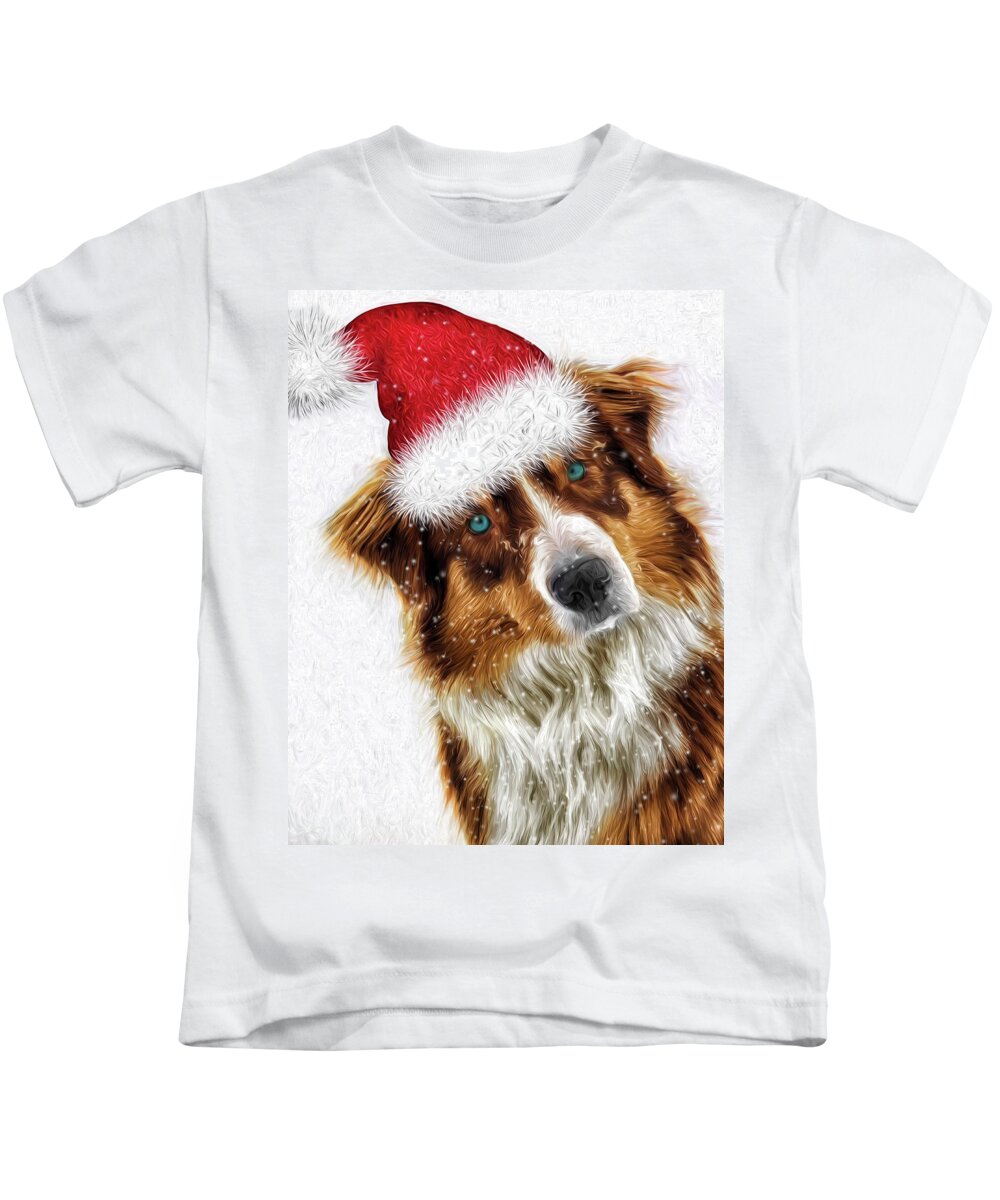 Christmas Kids T-Shirt featuring the digital art Austrailian Shepherd Santa by Doreen Erhardt
