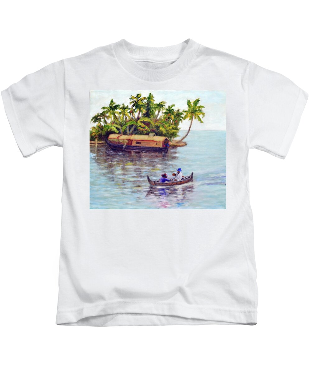 Backwaters Of Kerala Kids T-Shirt featuring the painting Backwaters of Kerala by Uma Krishnamoorthy
