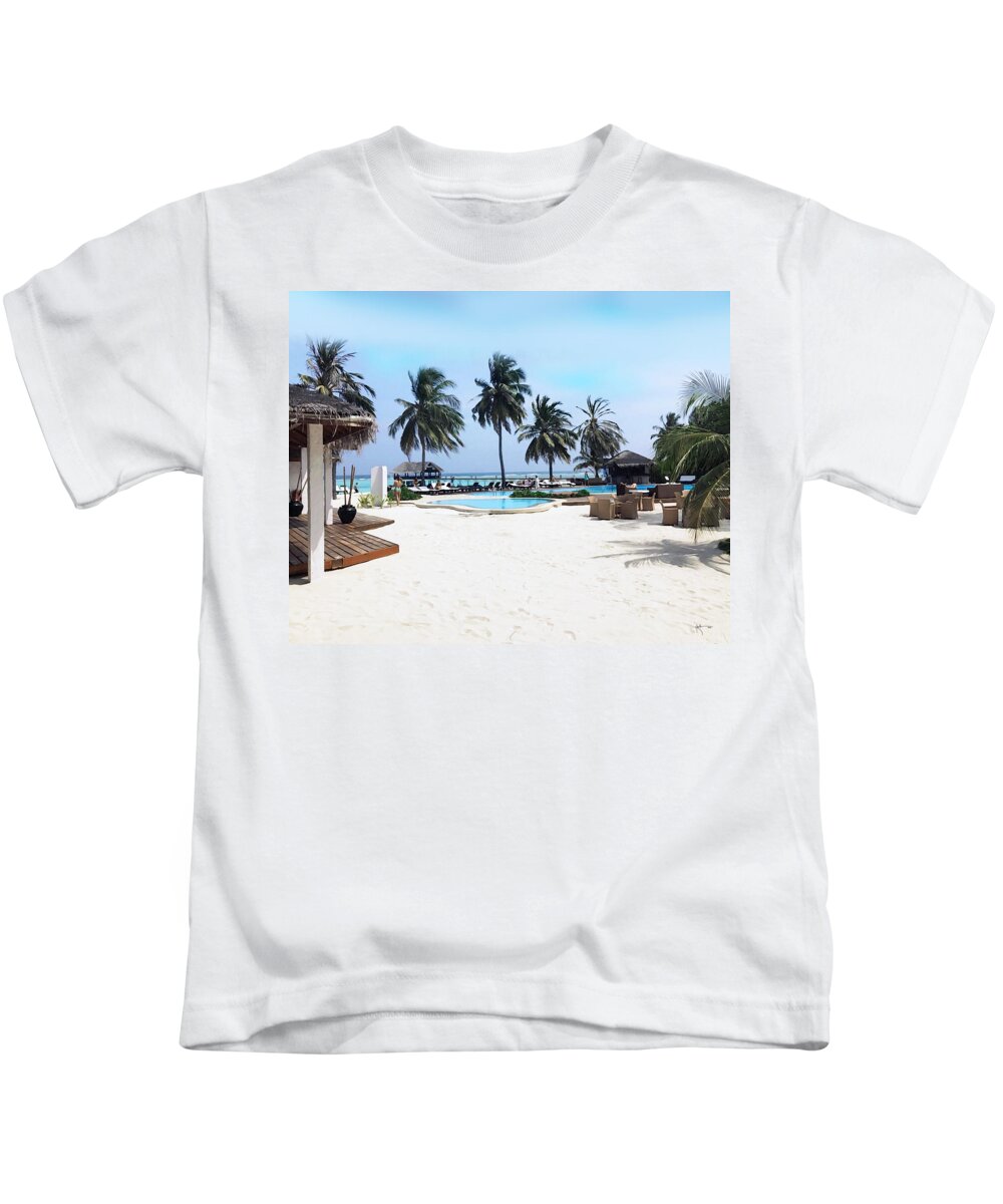 Thank Y'all For Making My Wife A Crazier Bitch Than Y'all Bitches Y'all Might've Lost Me Kids T-Shirt featuring the painting Beach Pool Side / Maldives by Rani S Manik