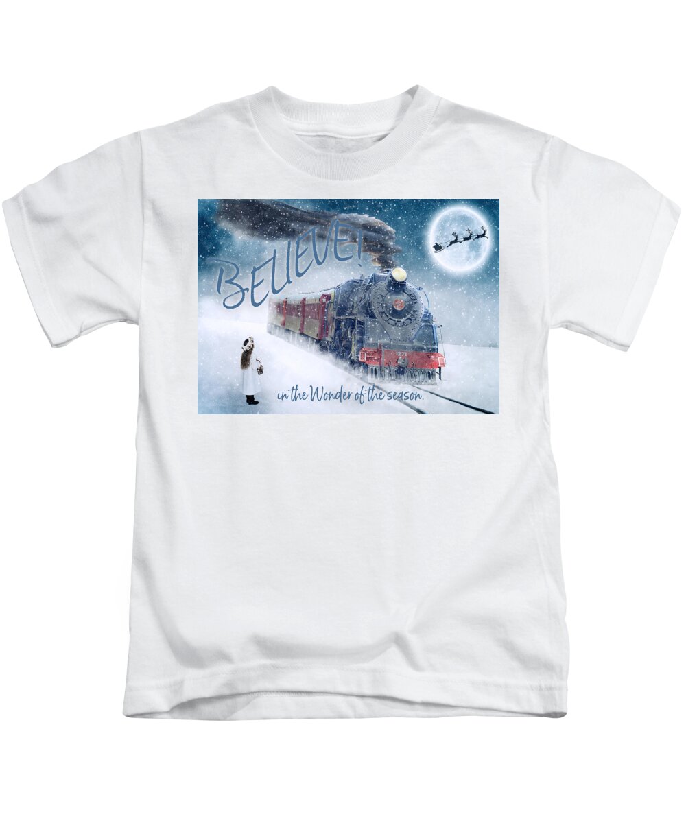 Christmas Kids T-Shirt featuring the digital art Believe in the Wonder Holiday Card by Teresa Wilson