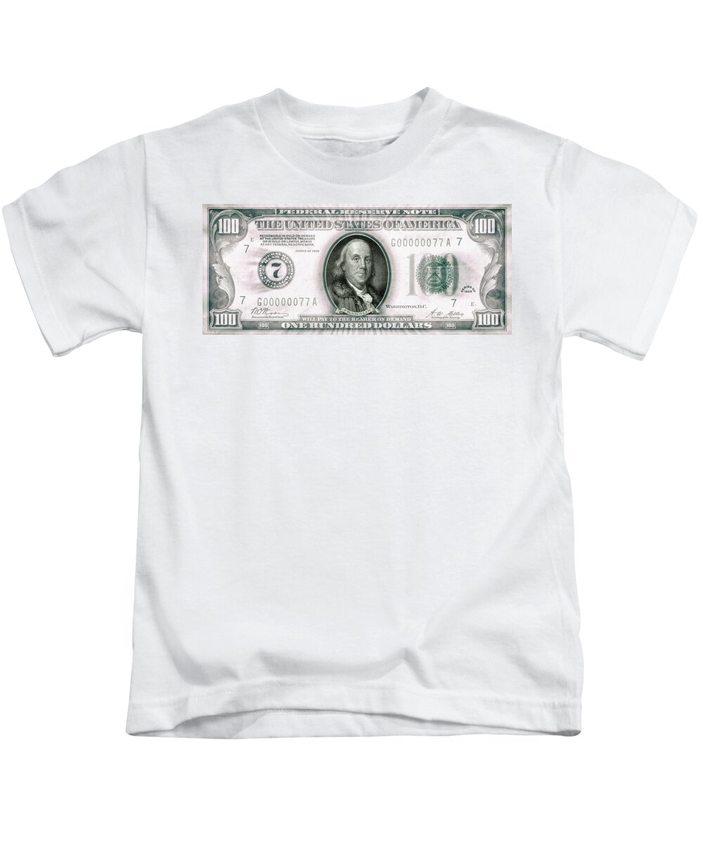 Travelpixpro Kids T-Shirt featuring the digital art Ben Franklin 1928 American One Hundred Dollar Bill Currency Starburst Artwork by Shawn O'Brien