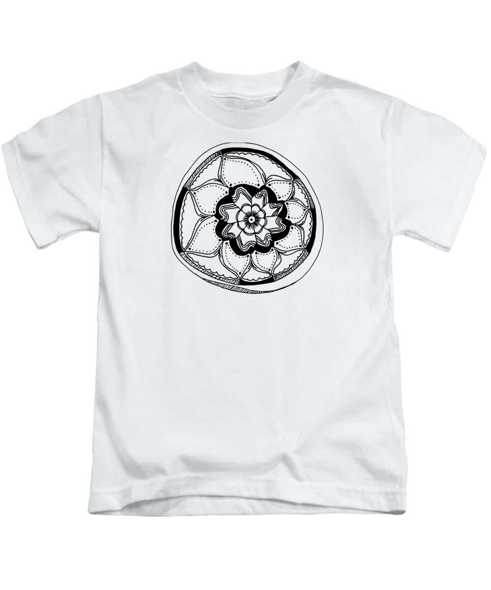 Ink Drawing Kids T-Shirt featuring the drawing Black Flower Mandala by Lisa Blake