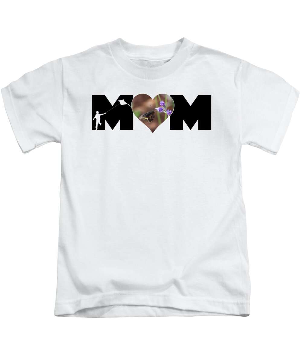 Mom Kids T-Shirt featuring the photograph Boy Silhouette and Butterfly on Lavender in Heart MOM Big Letter by Colleen Cornelius