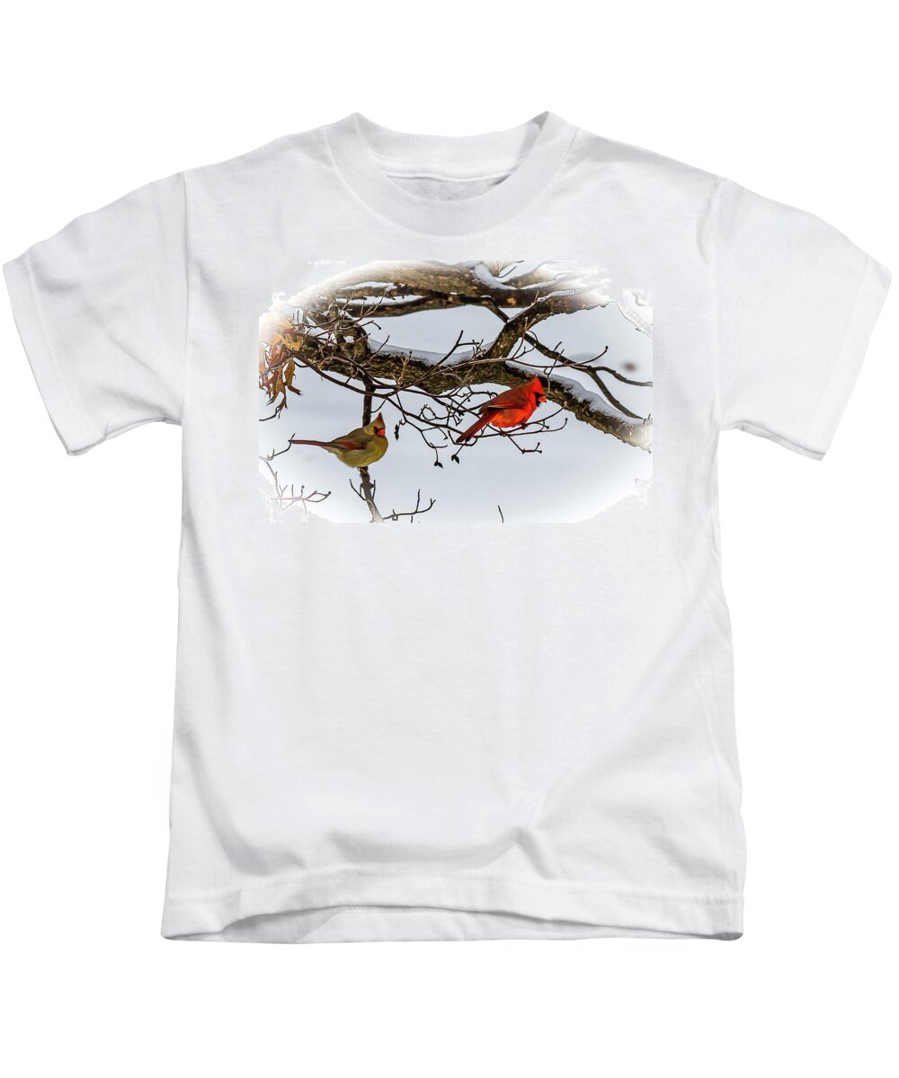 Cardinal Kids T-Shirt featuring the painting Cardinals in Winter by David Wagenblatt