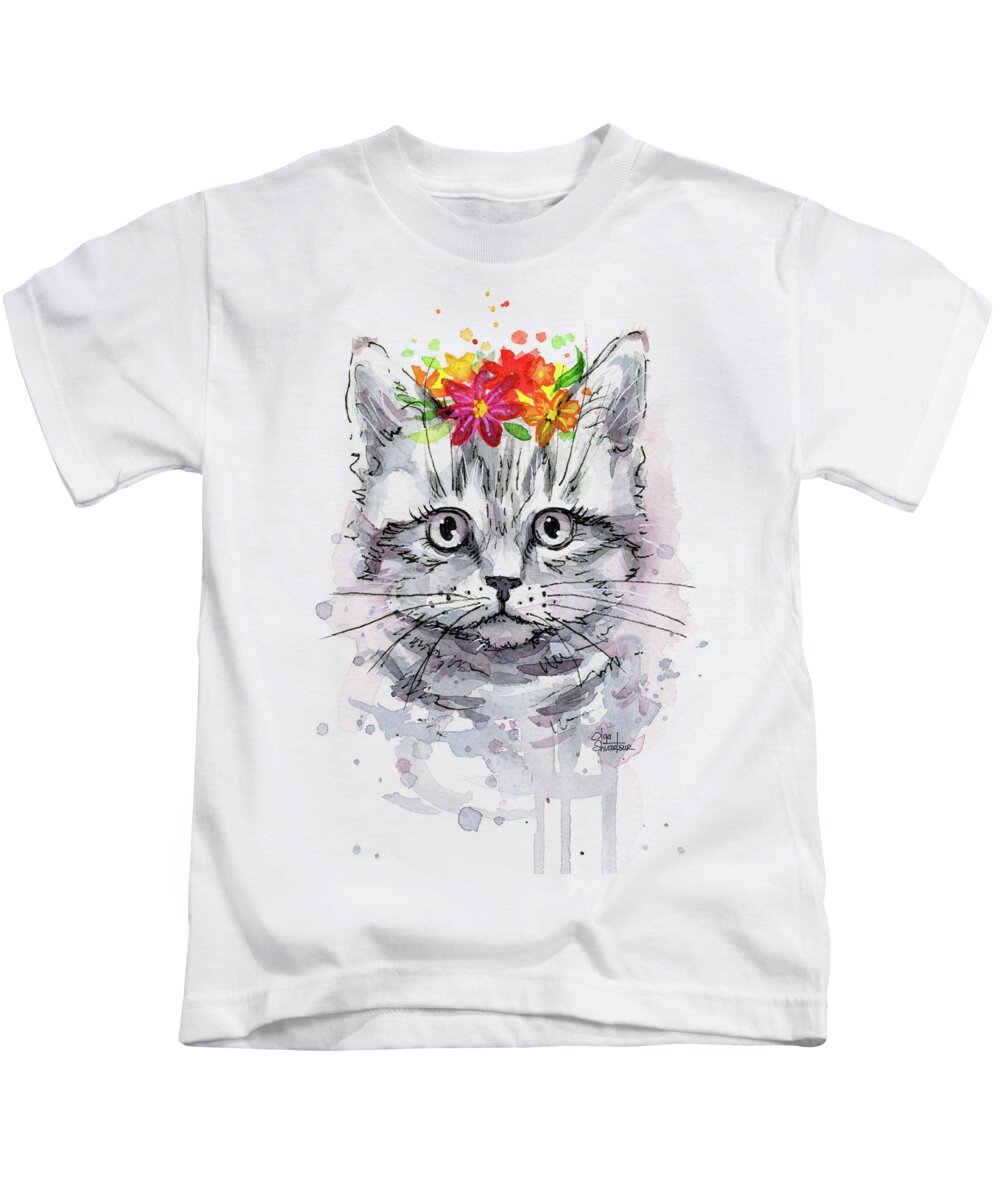 Cat Kids T-Shirt featuring the painting Cat with Flowers by Olga Shvartsur