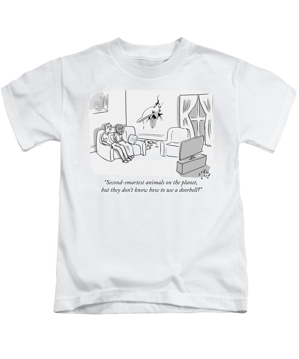 second Smartest Animals On The Planet Kids T-Shirt featuring the drawing Doorbell by Farley Katz