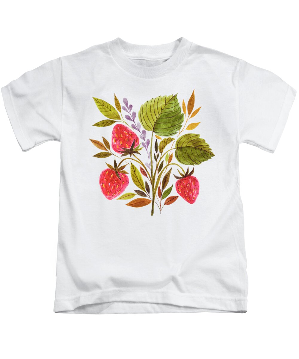 Strawberry Kids T-Shirt featuring the painting Early Summer Strawberries Are The Sweetest by Little Bunny Sunshine