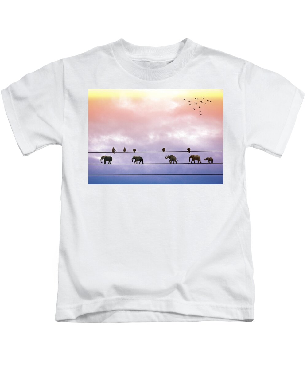 Surreal Kids T-Shirt featuring the digital art Elephants on the Wires by Alex Mir