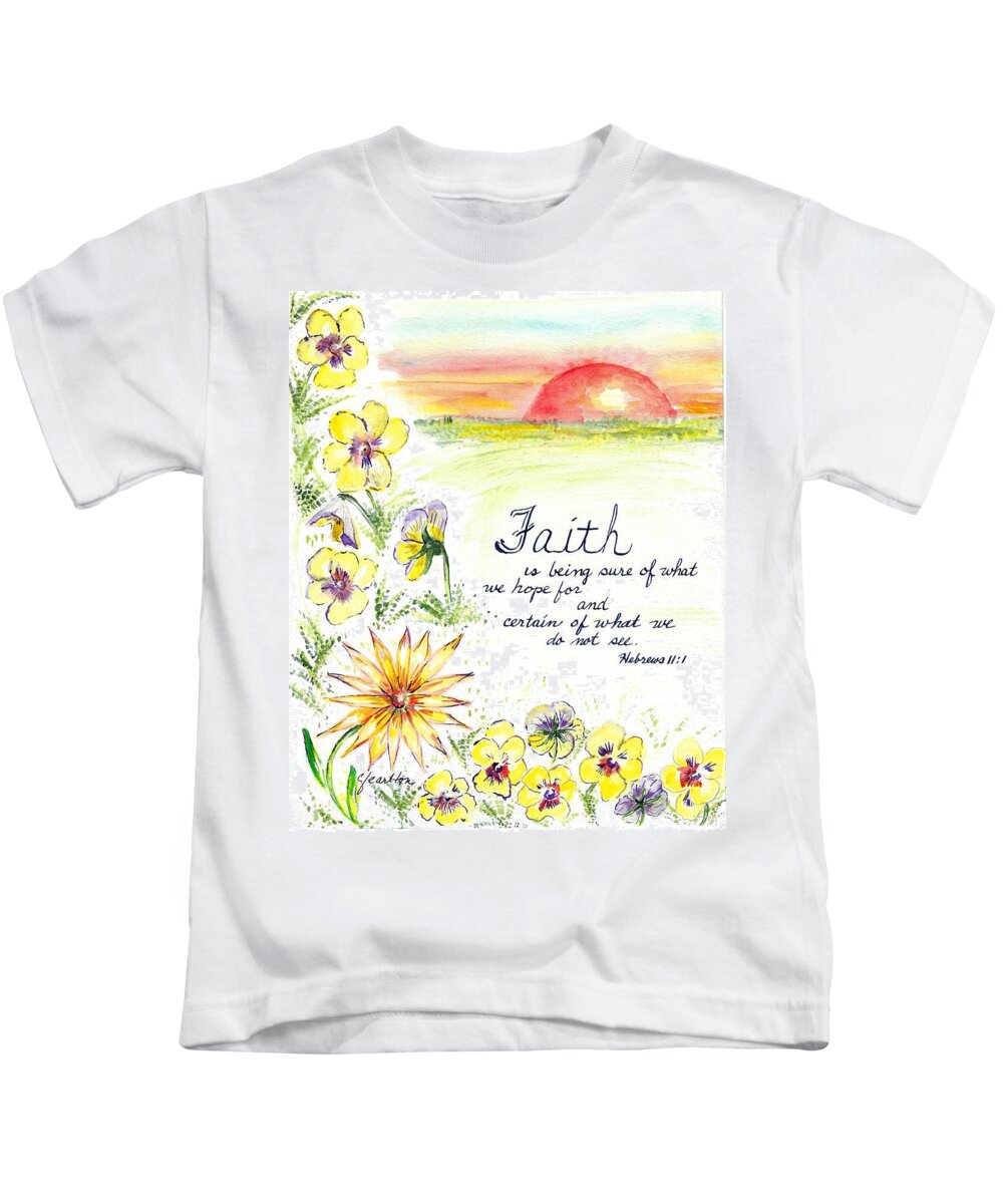 The Word Faith Kids T-Shirt featuring the painting Faith and Flowers by Claudette Carlton