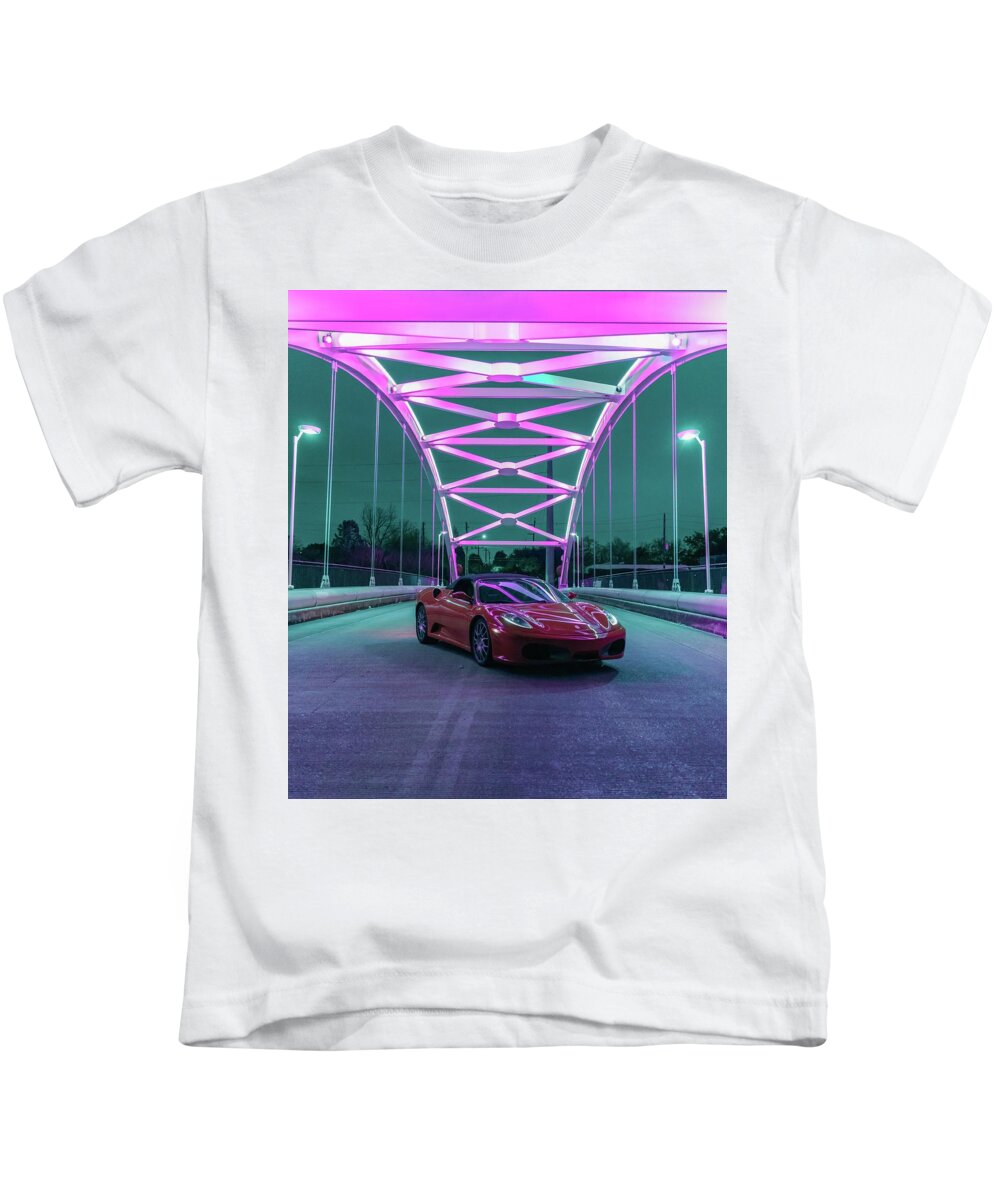 Ferrari 430 Bridge Kids T-Shirt featuring the photograph Ferrari F430 Hazard Bridge by Rocco Silvestri