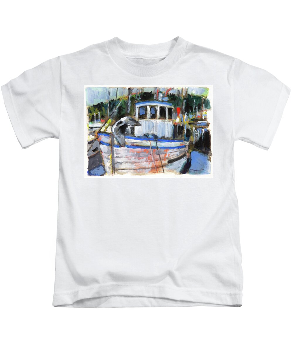 Garibaldi Harbor Kids T-Shirt featuring the painting Fishing Boat at Garibaldi by Mike Bergen