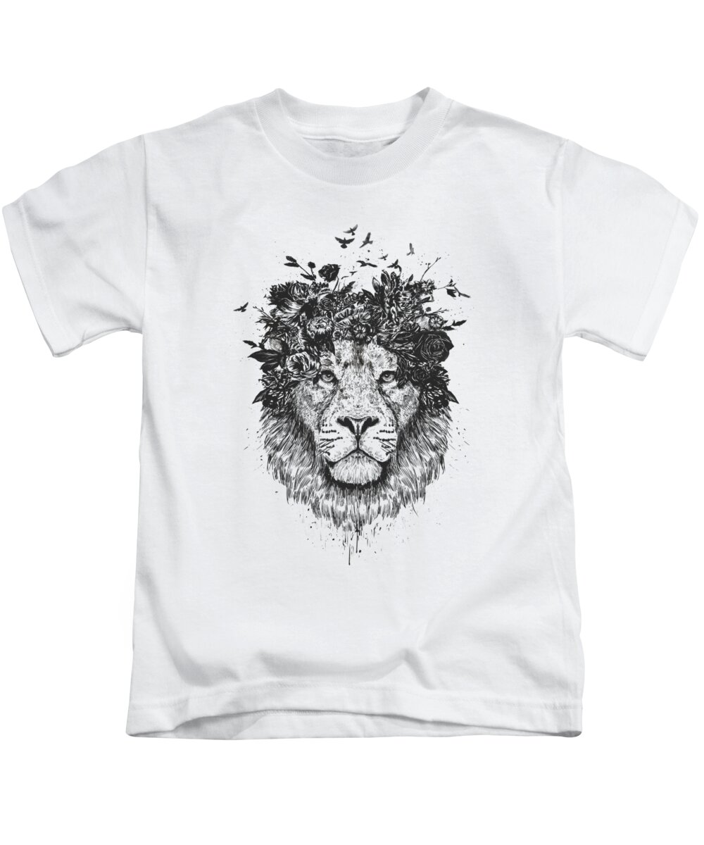Lion Kids T-Shirt featuring the drawing Floral lion by Balazs Solti