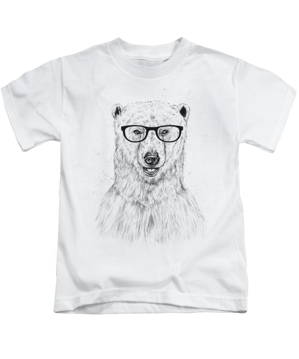 Bear Kids T-Shirt featuring the drawing Geek bear by Balazs Solti