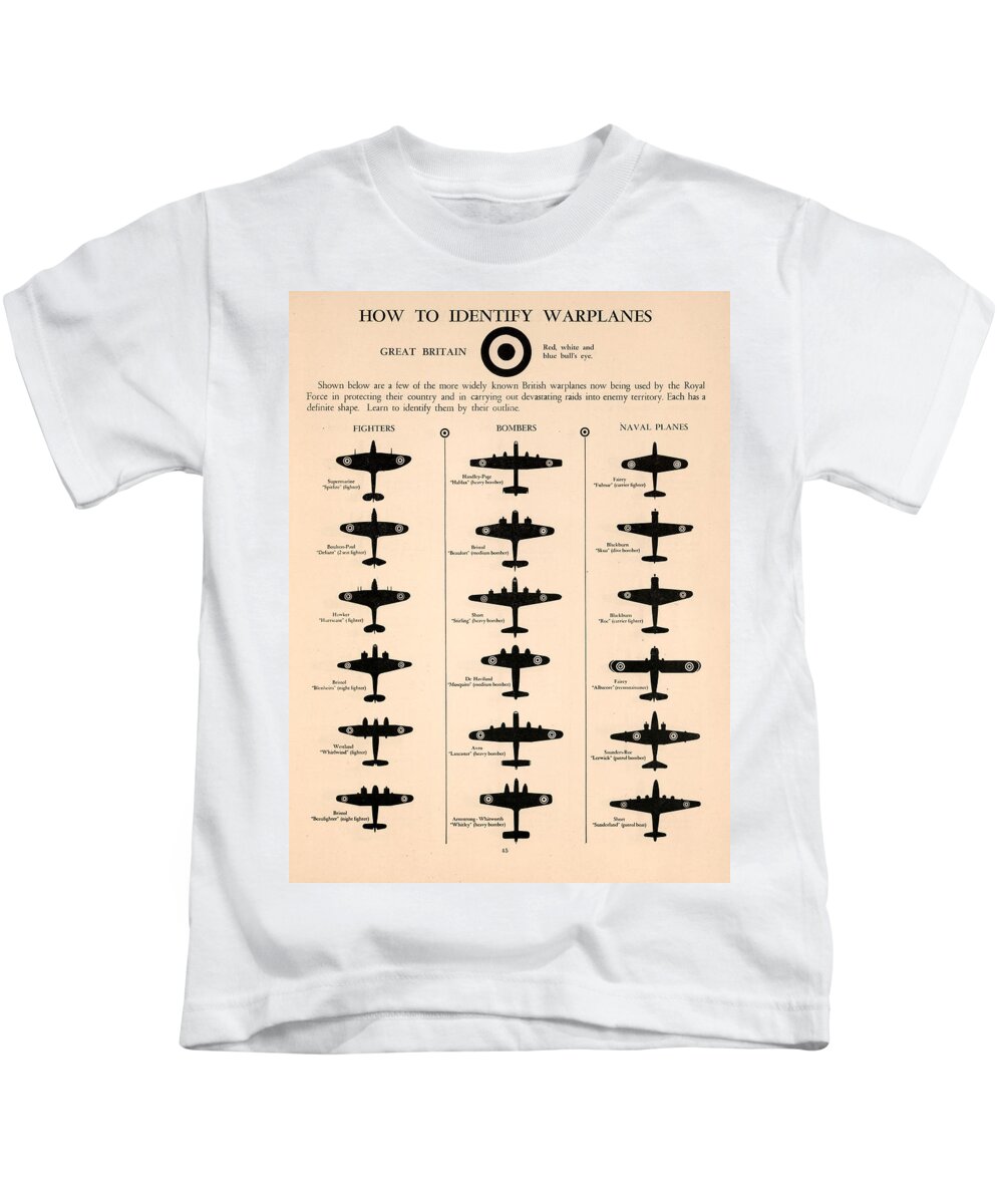 Warplanes Kids T-Shirt featuring the mixed media Great Britain Warplanes - Aircraft Spotting Guide - Aircraft Silhouette - World War 2 by Studio Grafiikka
