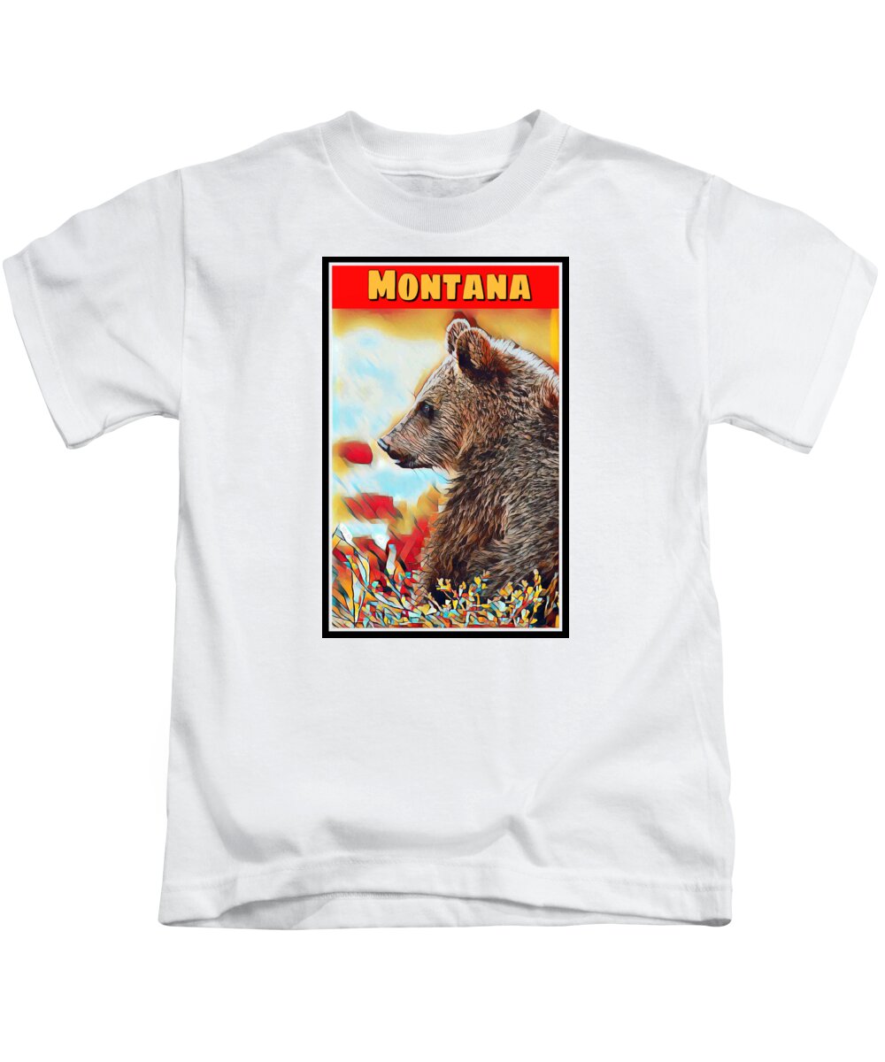 Wildlife Kids T-Shirt featuring the mixed media Grizzly Bear Art Montana Wildlife Travel Poster by Shelli Fitzpatrick
