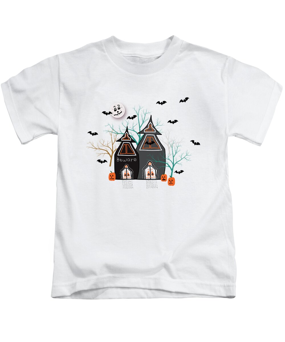 Halloween Kids T-Shirt featuring the digital art Halloween Haunted Houses by Lisa Blake