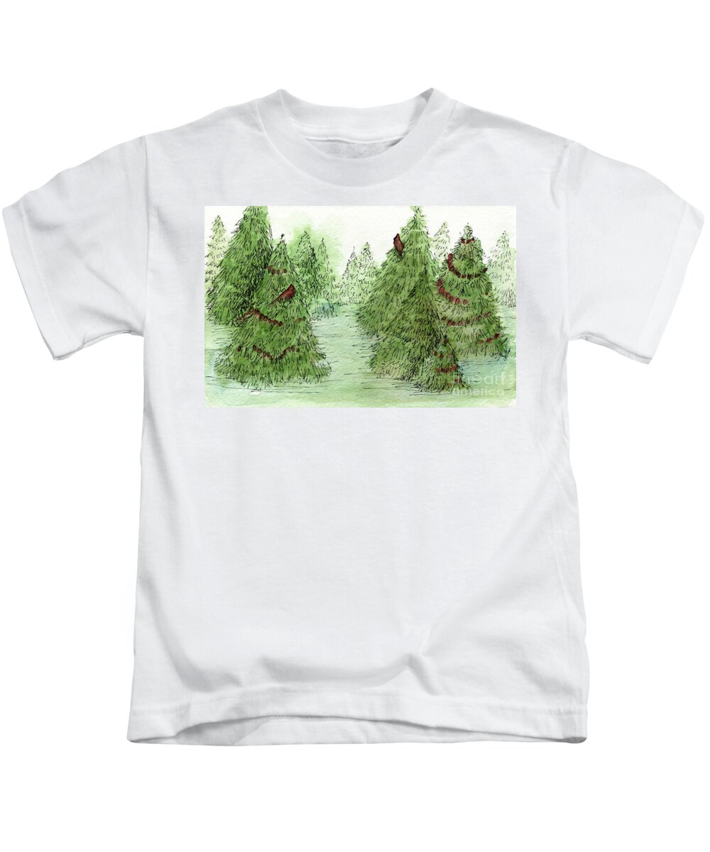 Holiday Trees Kids T-Shirt featuring the painting Holiday Trees Woodland Landscape Illustration by Laurie Rohner