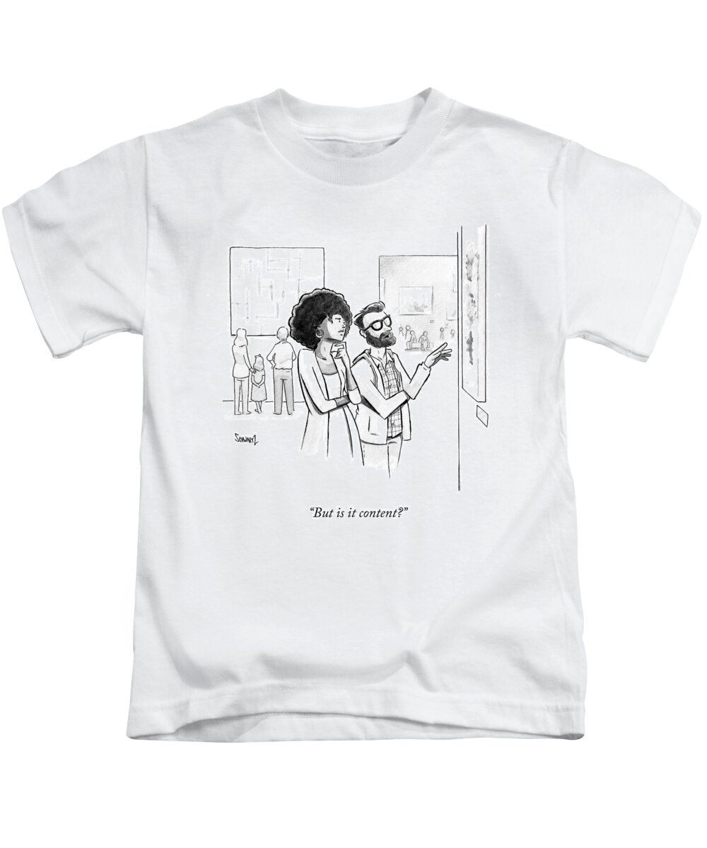 but Is It Content? Art Kids T-Shirt featuring the drawing Is It Content by Benjamin Schwartz