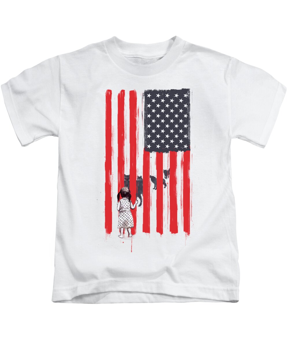 Usa Kids T-Shirt featuring the painting Little girl and wolves by Balazs Solti