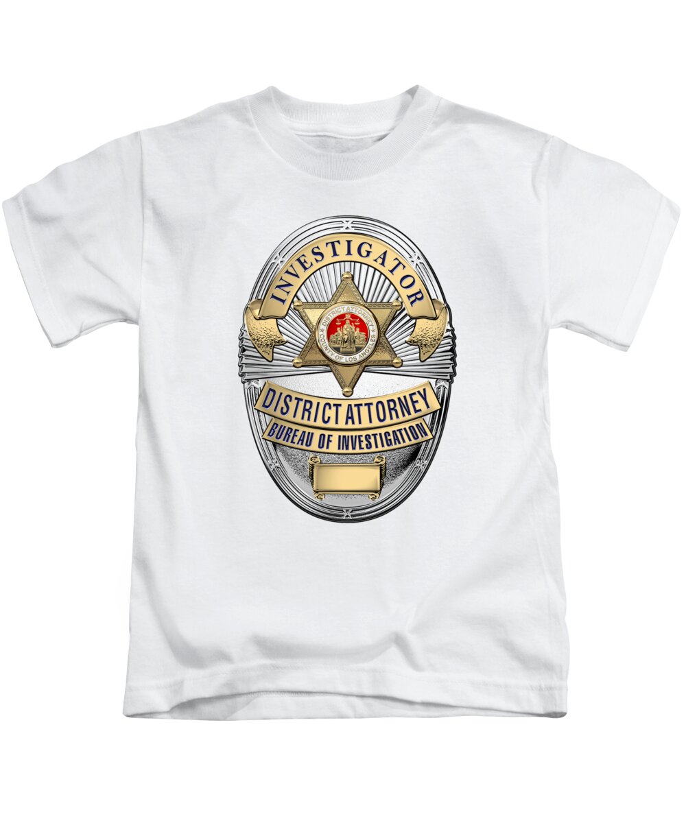  ‘law Enforcement Insignia & Heraldry’ Collection By Serge Averbukh Kids T-Shirt featuring the digital art Los Angeles County District Attorney - Investigator Badge over White Leather by Serge Averbukh