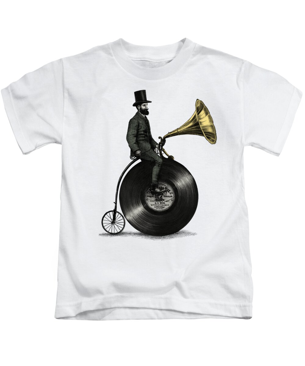 Music Vintage Vinyl Record Victorian Top Hat Gramophone Victrola Nostalgic Cycling Penny Farthing Moustache Kids T-Shirt featuring the drawing Music Man by Eric Fan
