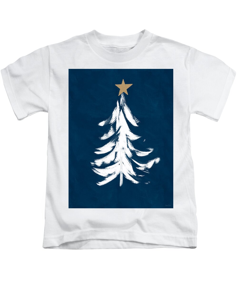 #faaAdWordsBest Kids T-Shirt featuring the mixed media Navy and White Christmas Tree 1- Art by Linda Woods by Linda Woods
