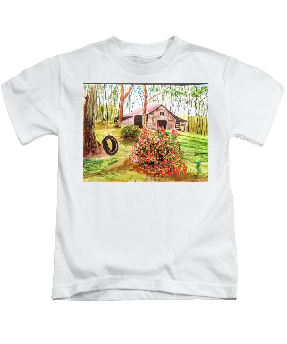 Farm Life Kids T-Shirt featuring the painting Old Family Barn by Mike Benton