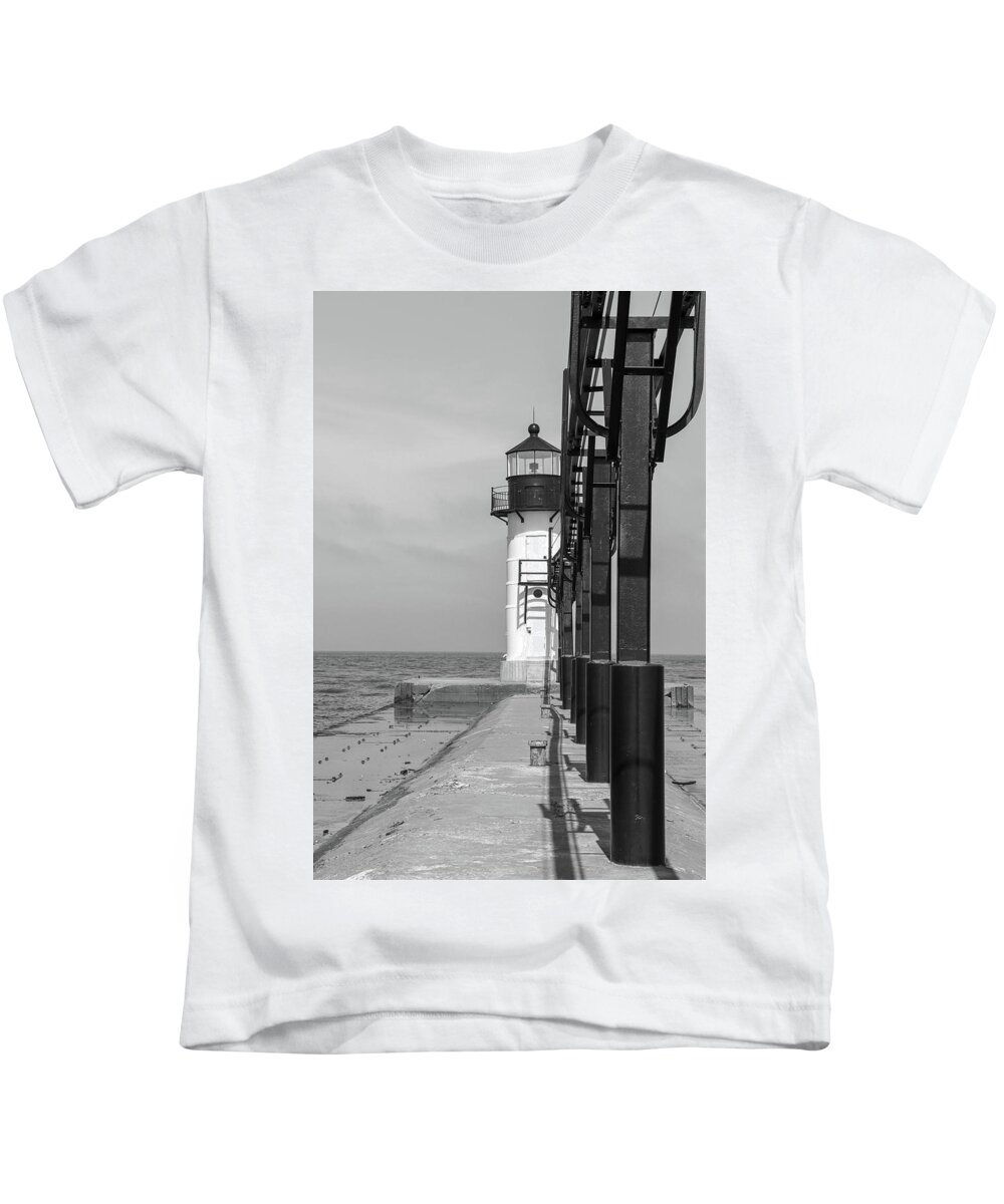 Lighthouse Kids T-Shirt featuring the photograph Outer Lighthouse B/W by Mary Anne Delgado