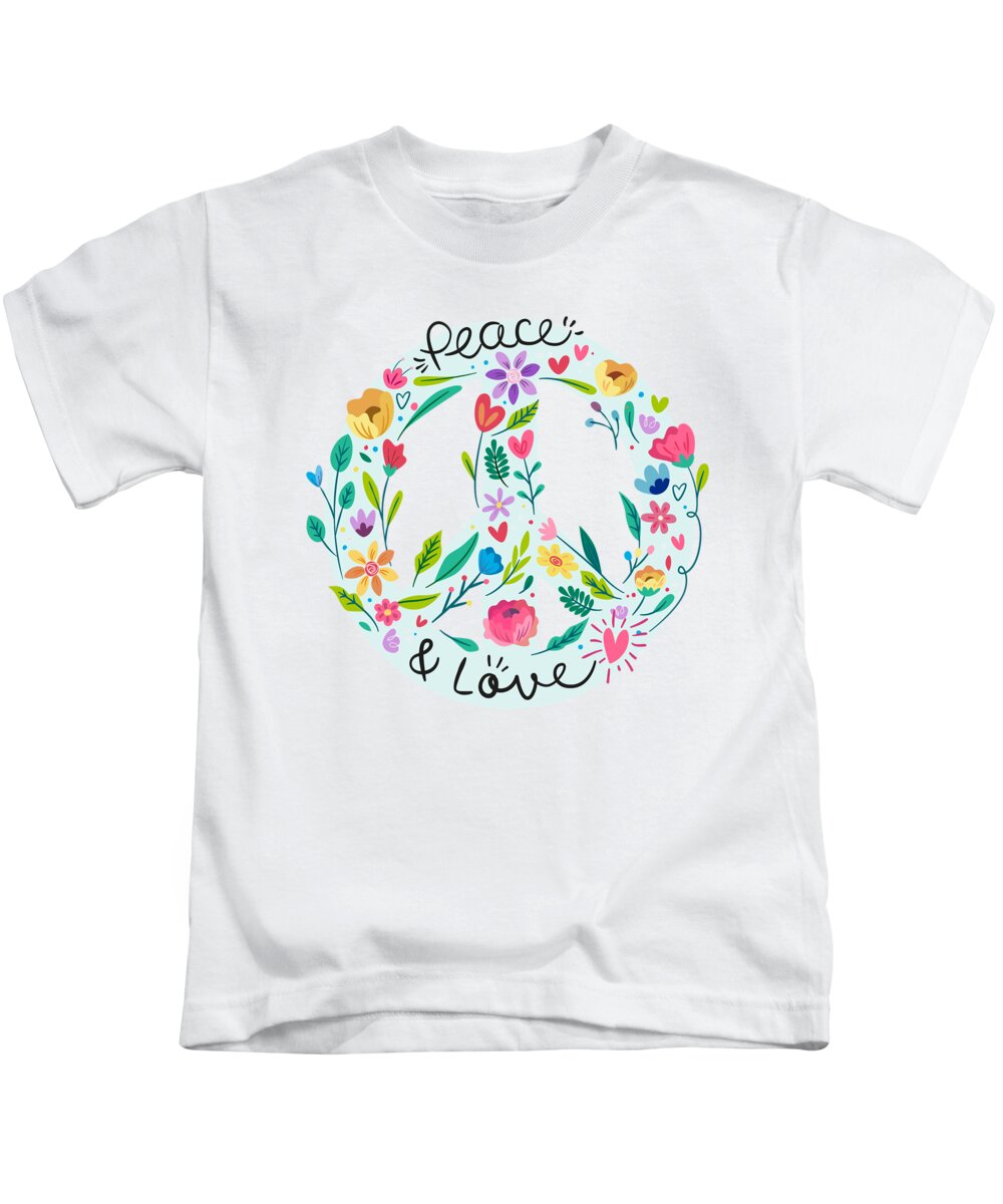 Painting Kids T-Shirt featuring the painting Peace And Love Floral Sign by Little Bunny Sunshine