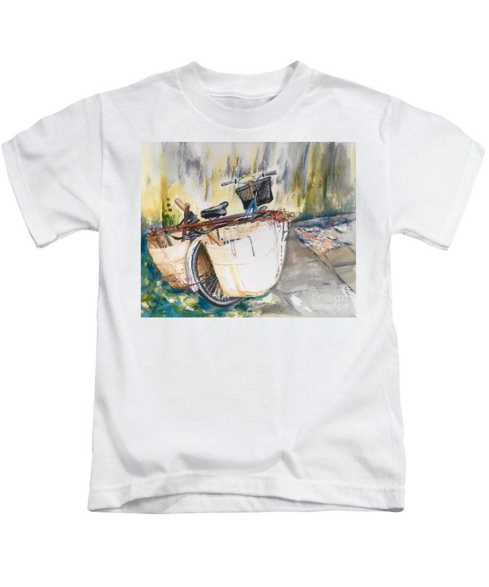 Bike Kids T-Shirt featuring the painting Pedal Power by Sonia Mocnik