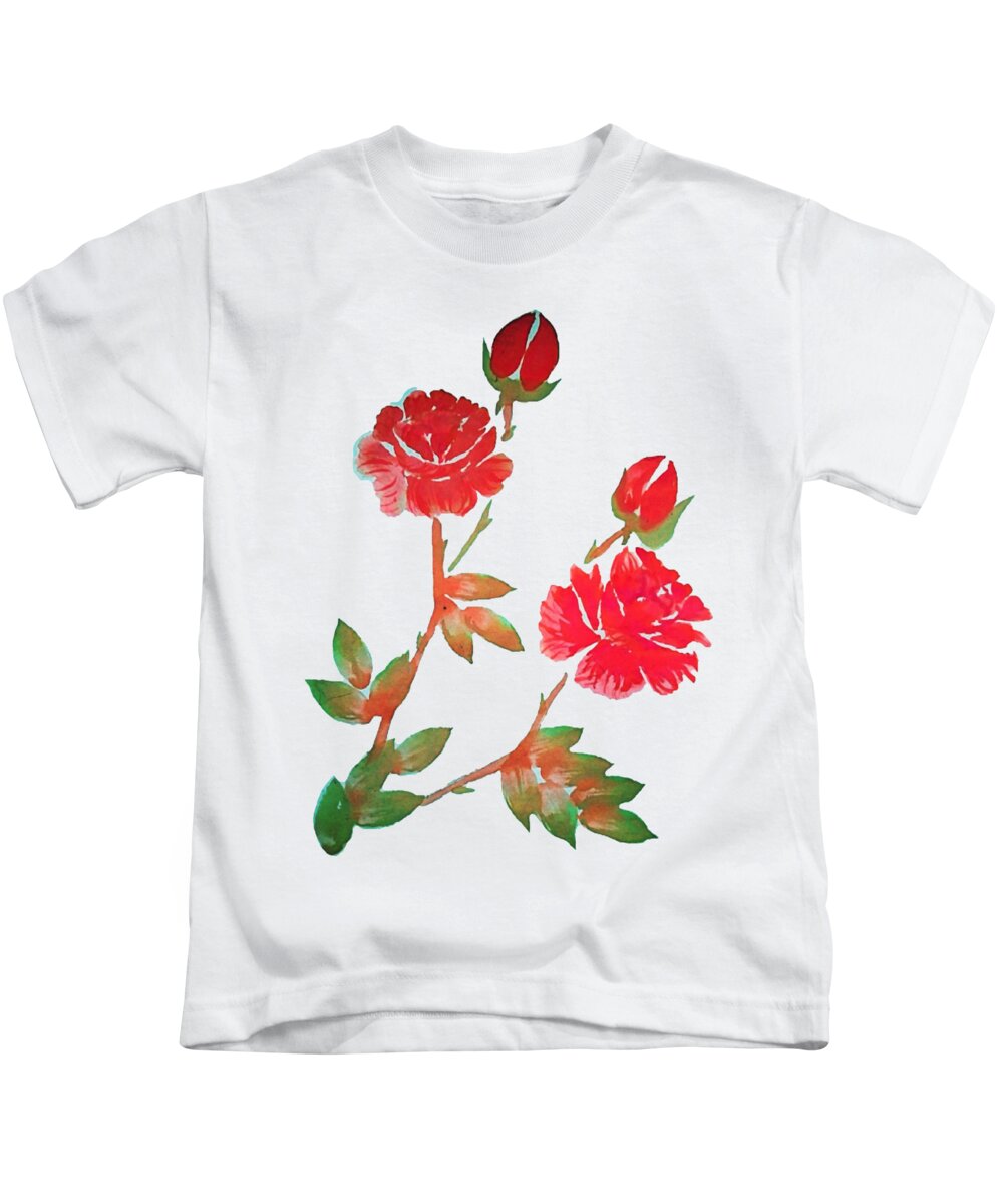 Red Kids T-Shirt featuring the painting Red Rose Watercolor Transparent Background by Delynn Addams