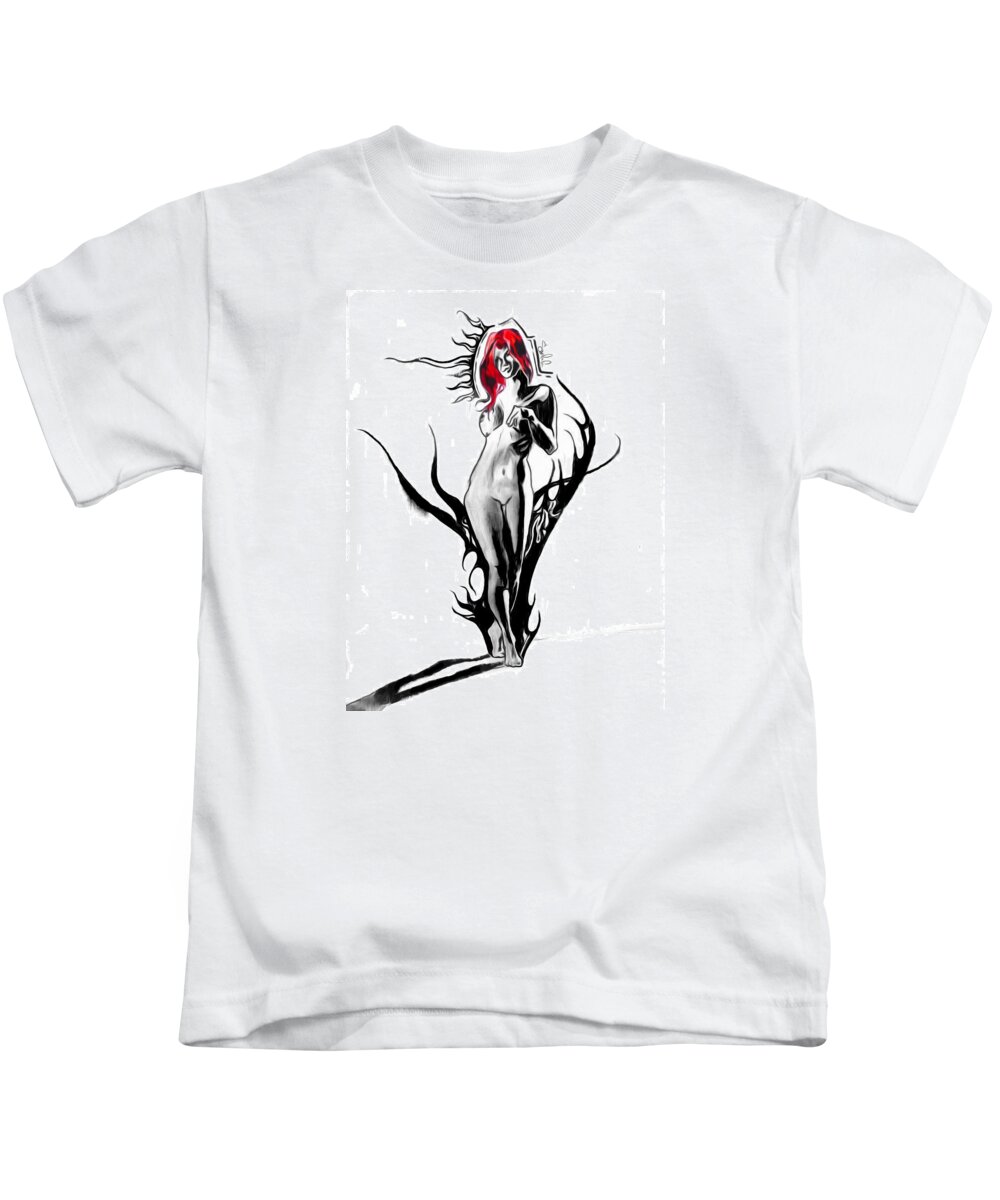 Sexy Woman Girl Female Feminine Lady Beauty Model Beautiful Fashion Goddess Red Color Colorful Contrast Black And White B&w Simple Simplistic Minimal Abstract Amazing Kids T-Shirt featuring the drawing Red Woman by Sergio Gutierrez