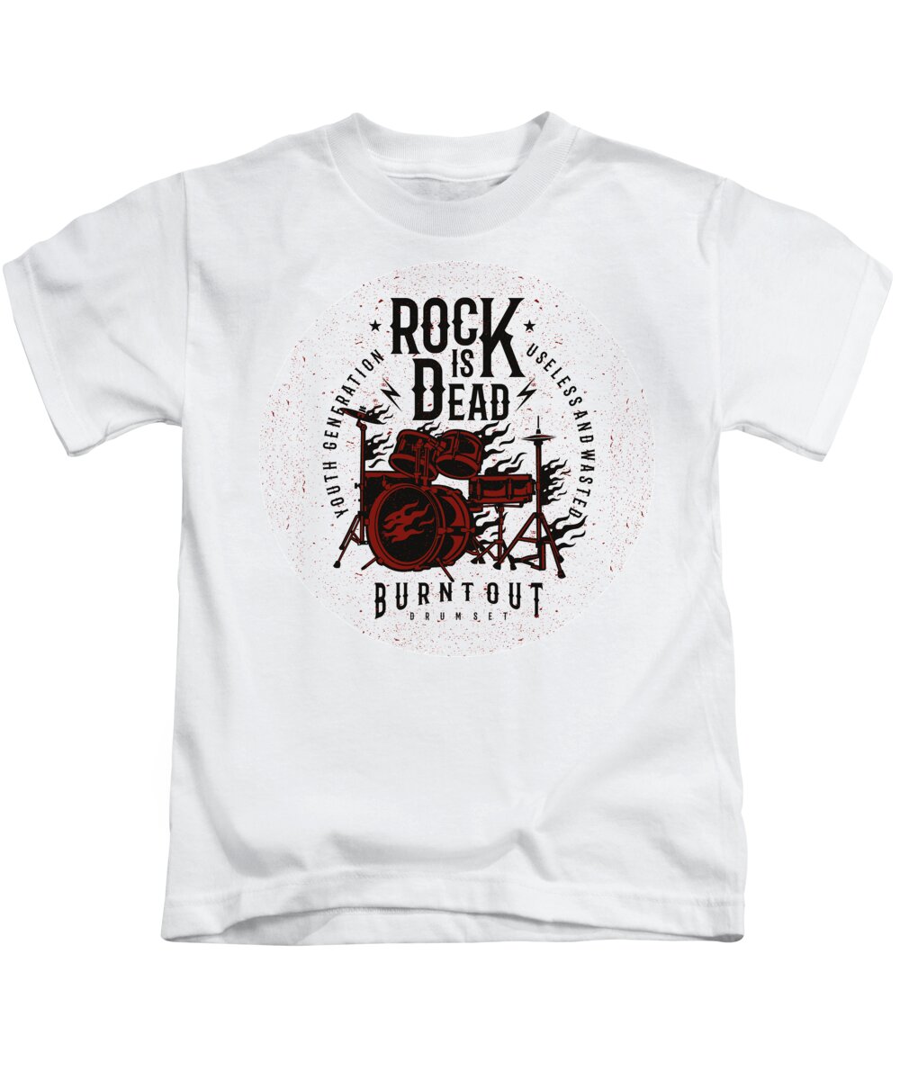 Drums Kids T-Shirt featuring the digital art Rock is Dead Drums by Long Shot
