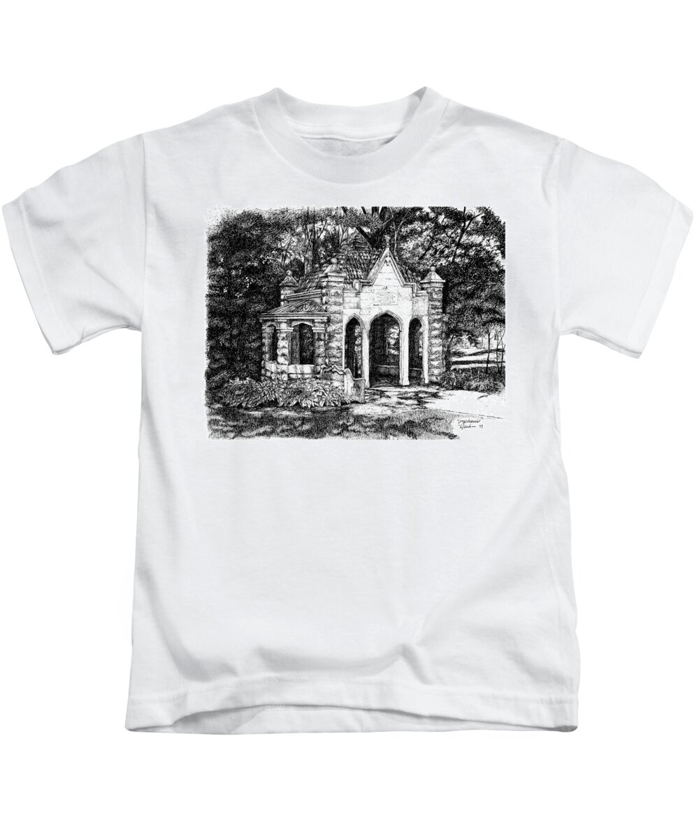 Architecture Kids T-Shirt featuring the drawing Rose Well House, Indiana University, Bloomington, Indiana by Stephanie Huber