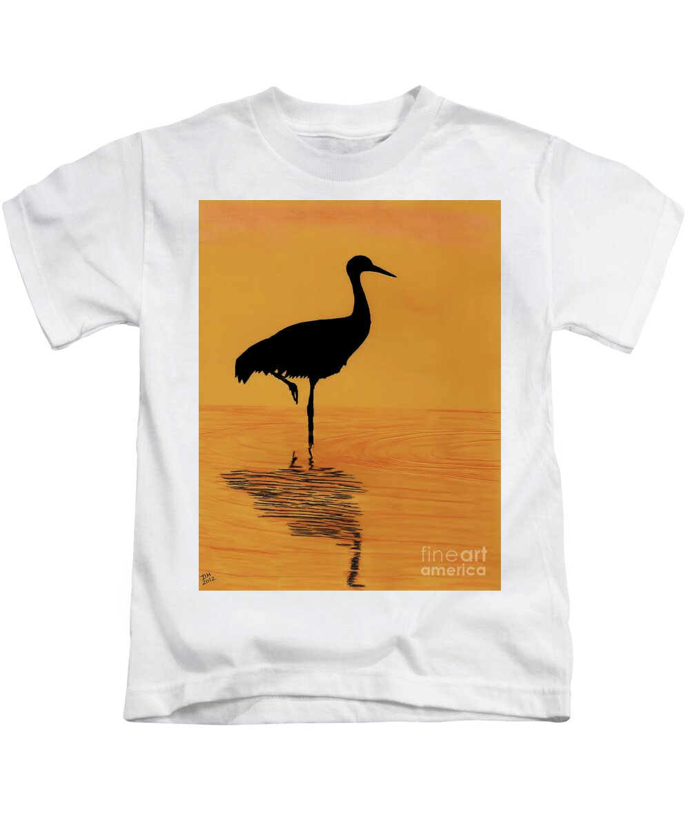 Bird Kids T-Shirt featuring the drawing Sandhill - Crane - Sunset by D Hackett