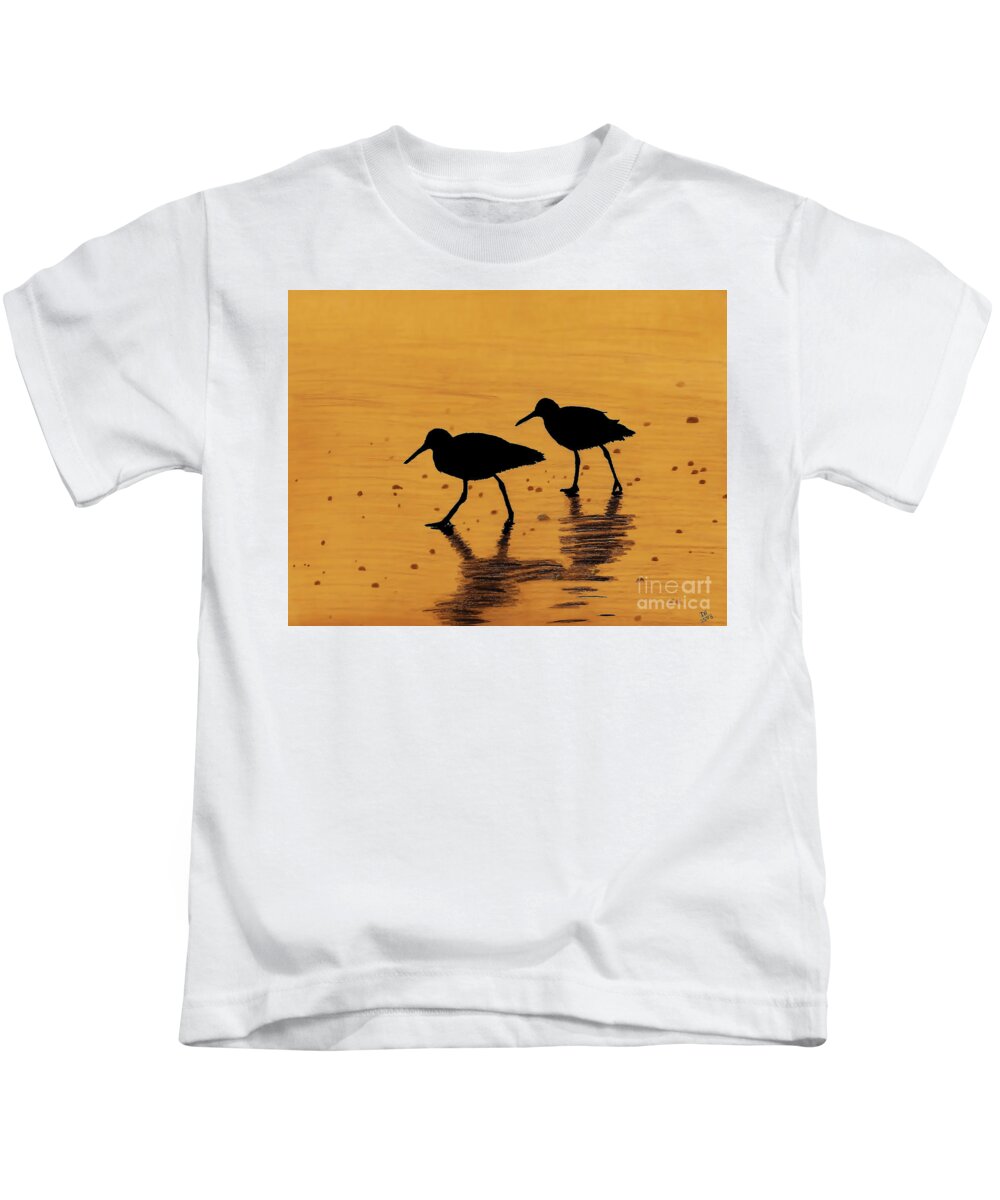Sunrise Kids T-Shirt featuring the drawing Sandpipers - At - Sunrise by D Hackett