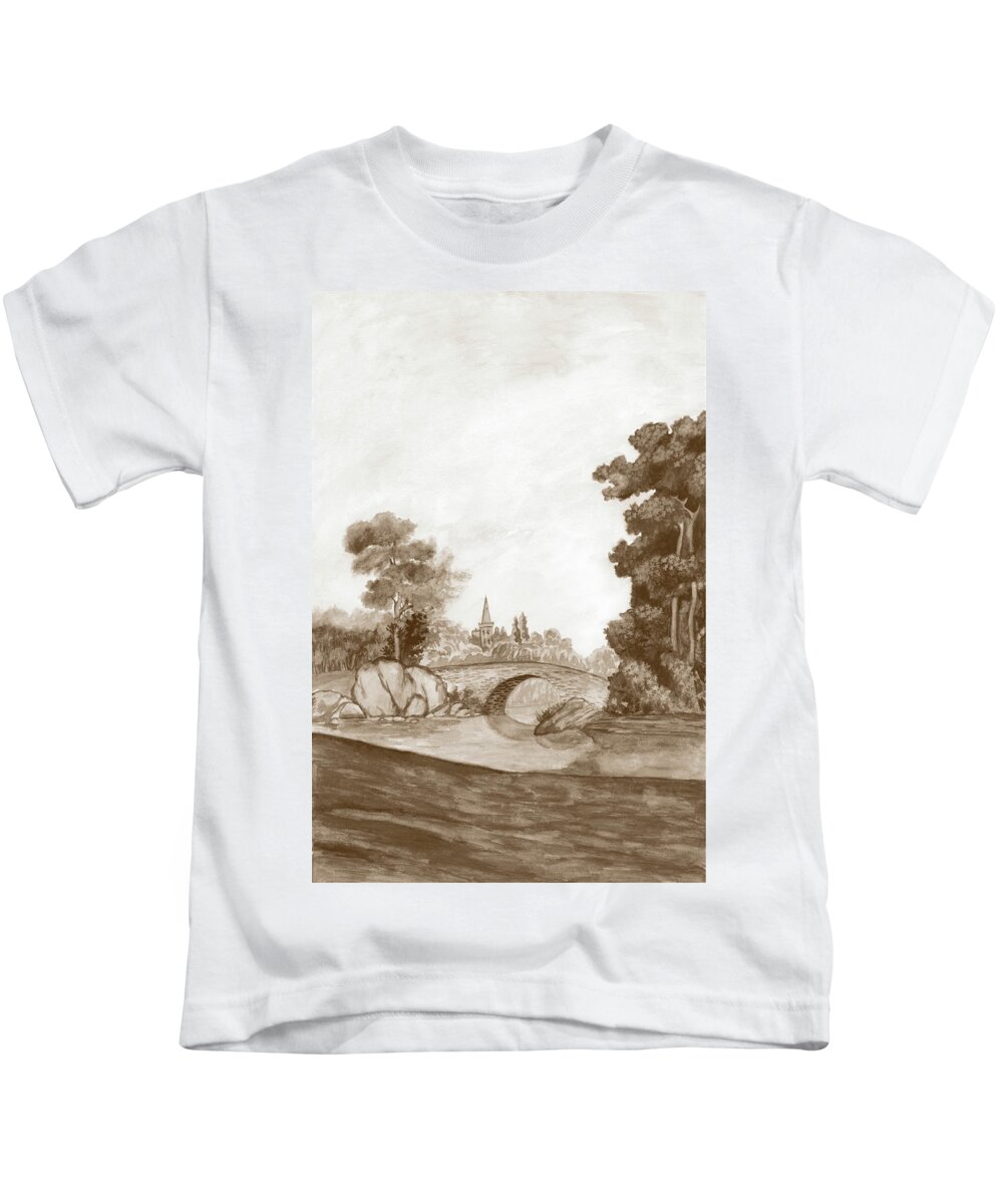 Landscapes Kids T-Shirt featuring the painting Sepia French Wallpaper IIi by Naomi Mccavitt