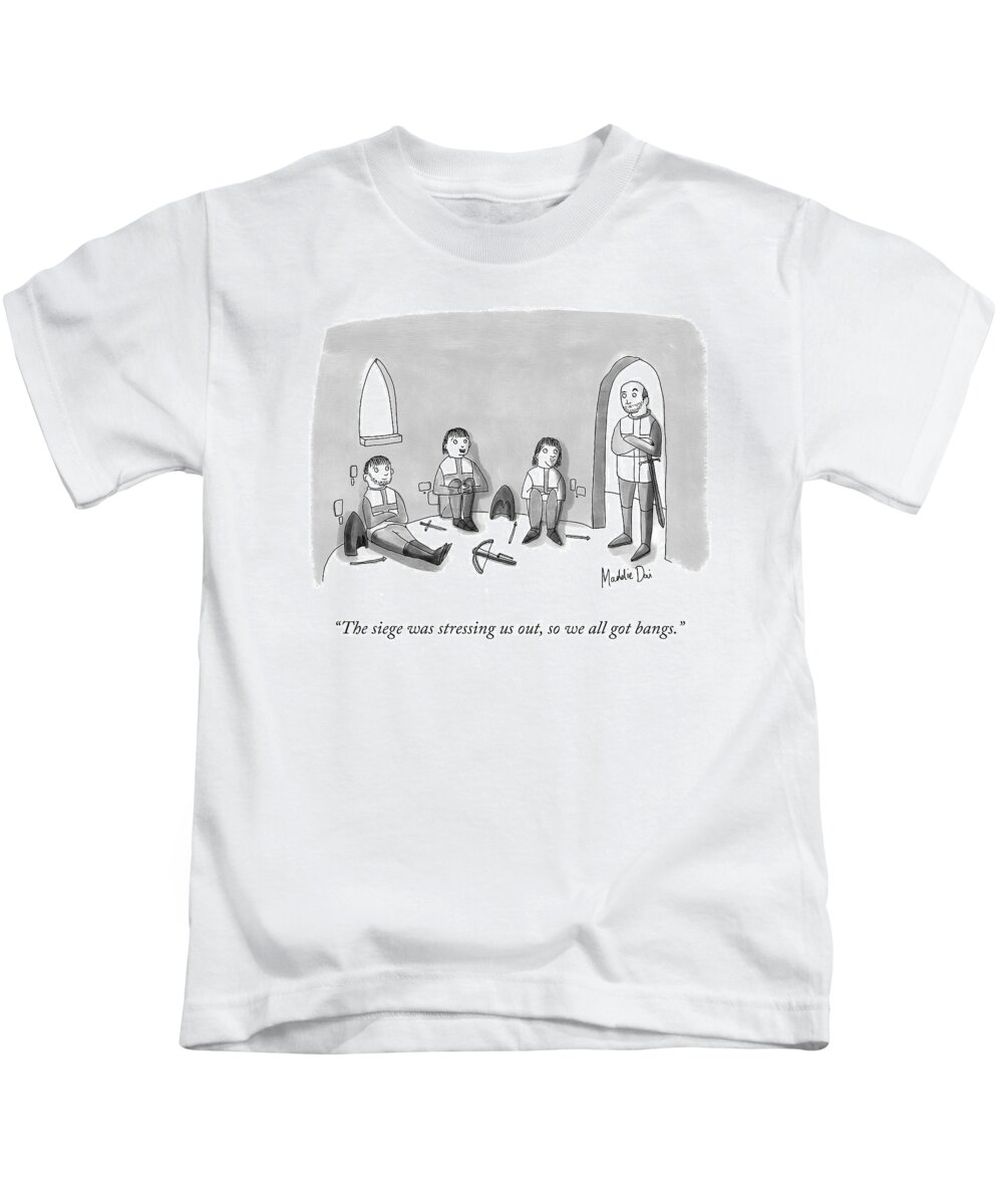 “the Siege Was Stressing Us Out Kids T-Shirt featuring the drawing Siege Stress by Maddie Dai