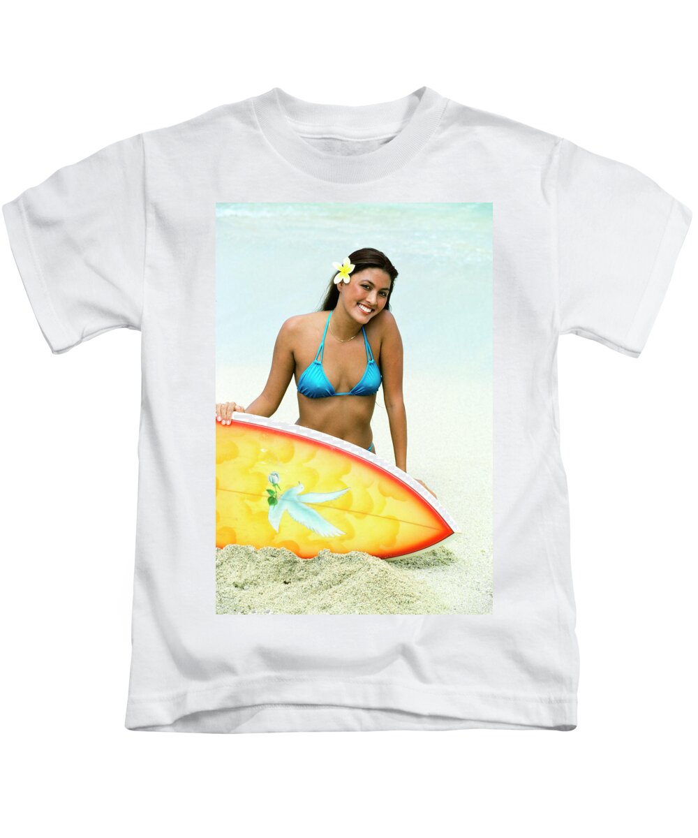 Photography Kids T-Shirt featuring the photograph Smiling Young Woman Surfer Portrait by Vintage Images