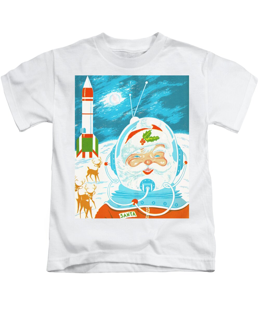Adventure Kids T-Shirt featuring the drawing Space Santa and Reindeer on the Moon by CSA Images