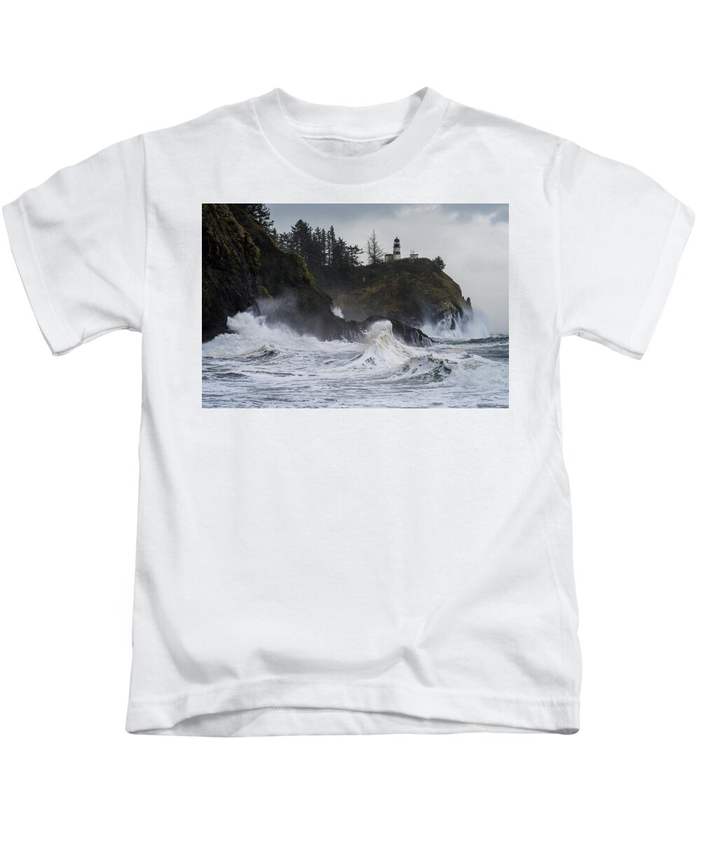 Cape Disappointment Kids T-Shirt featuring the photograph Storm Surf Cape Disappointment by Robert Potts